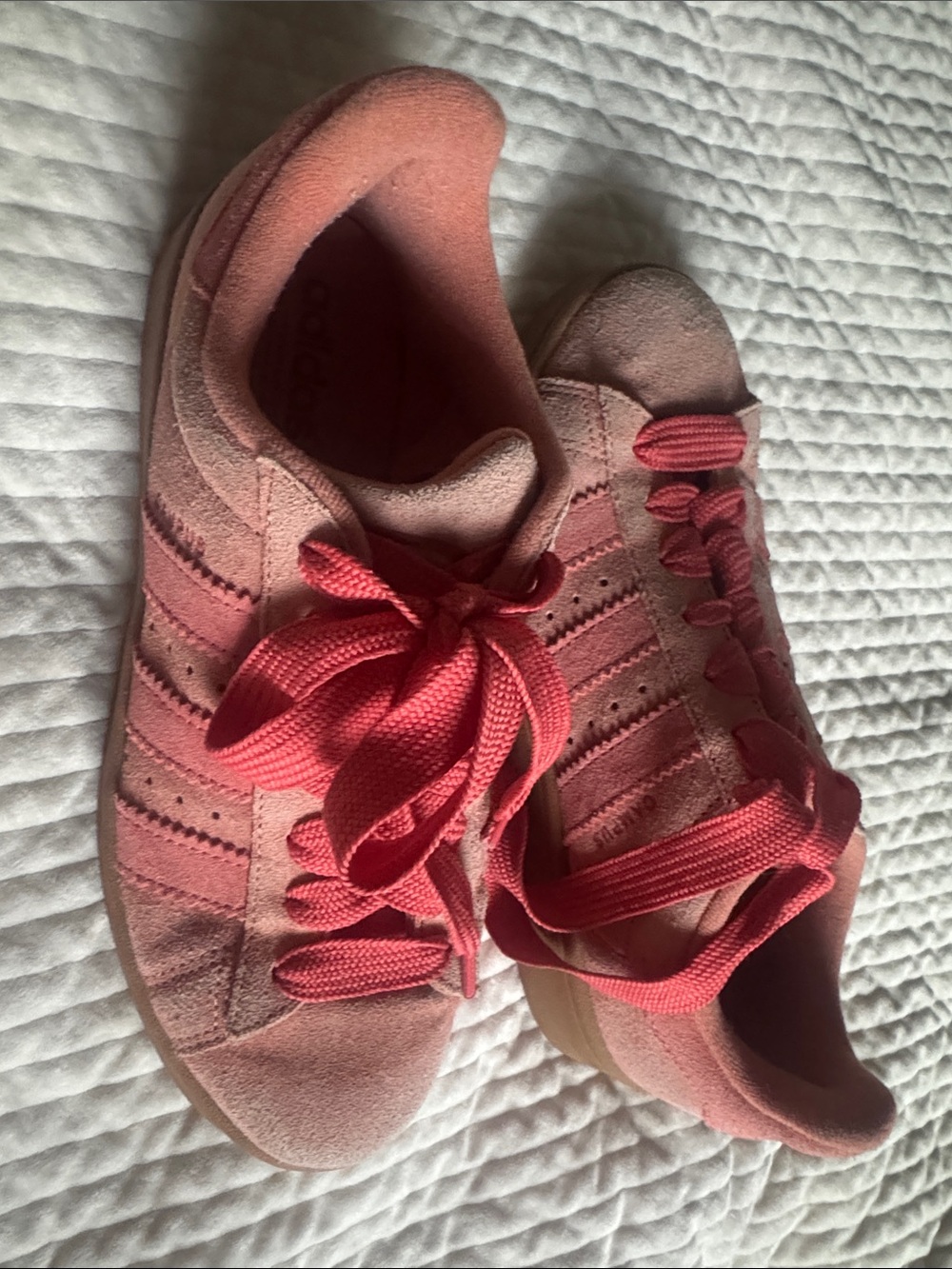 adidas Women’s Pink Suede Sneakers with Coral Laces